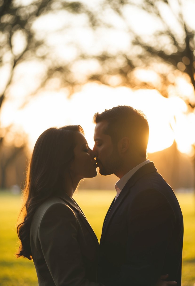 A couple's silhouette, noses touching, about to kiss, surrounded by soft, glowing light