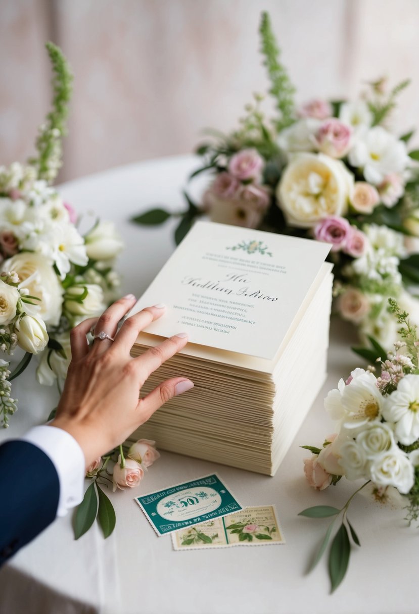 A hand reaching for an elegant stack of wedding invitations, surrounded by delicate floral arrangements and a vintage postage stamp