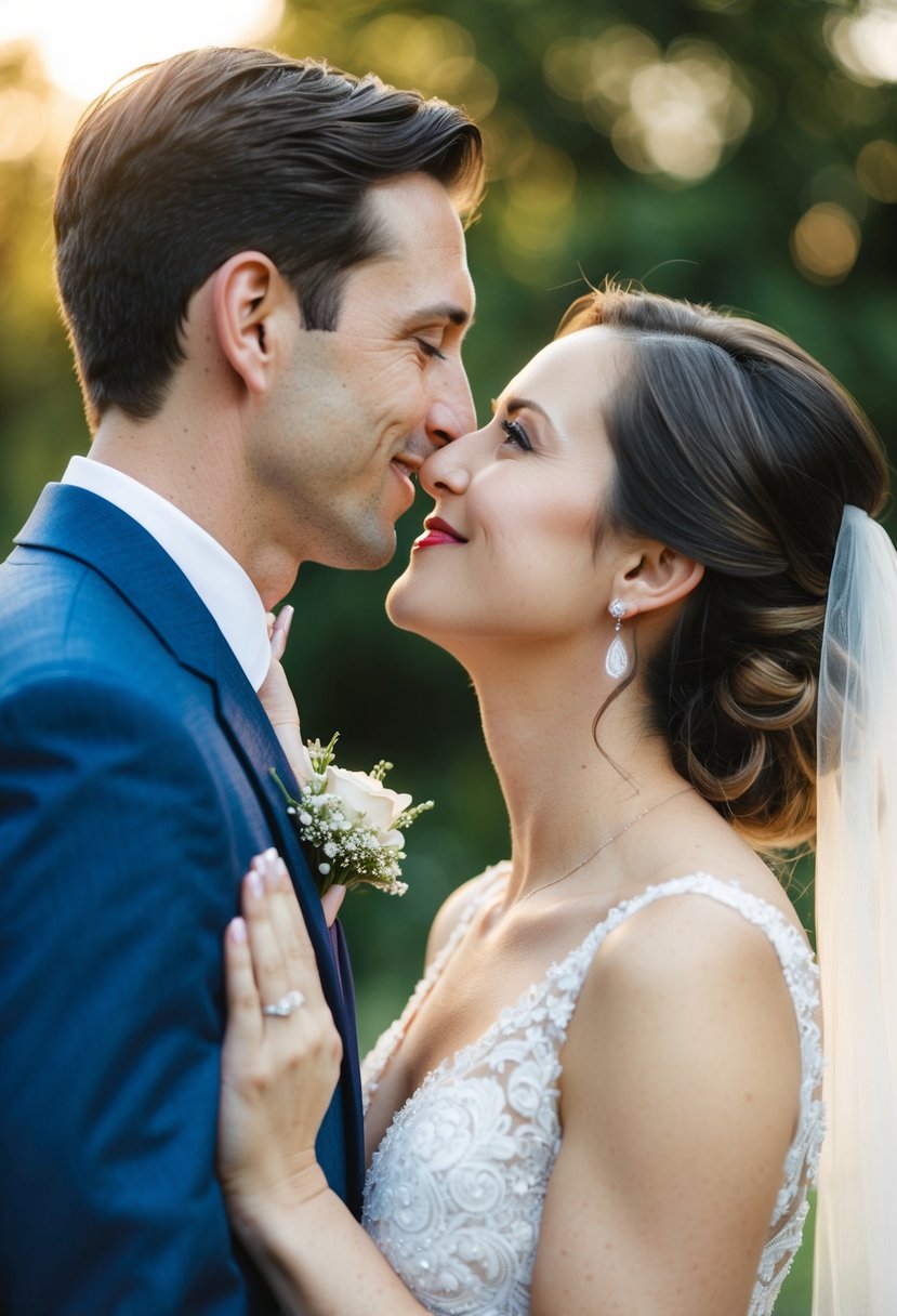 A couple standing close, eyes locked, sharing a subtle smile before their wedding kiss