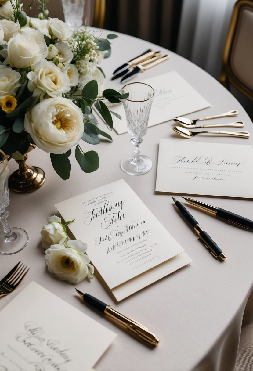 A table set with elegant stationary and a calligraphy pen, ready to address formal wedding invitations