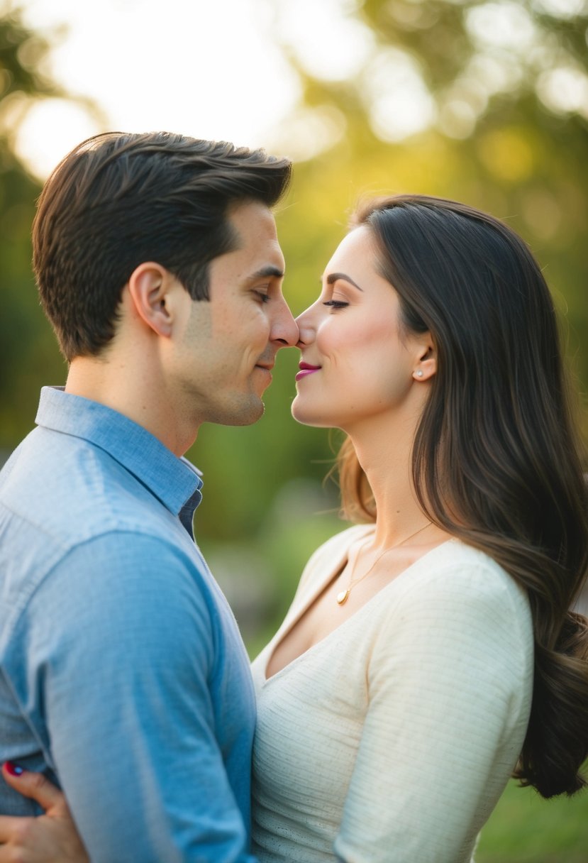 A couple standing close, gazing into each other's eyes, about to share a tender and loving kiss