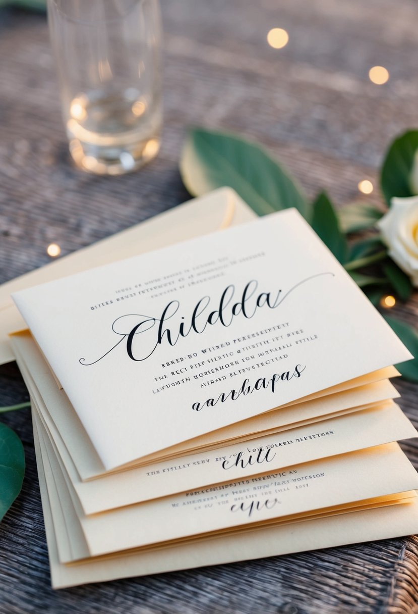 A stack of wedding invitations with inner envelopes, each labeled with a different child's name in elegant calligraphy