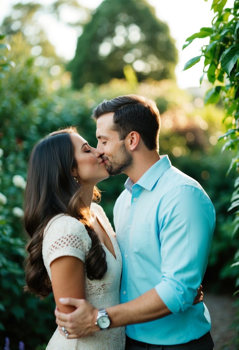 A couple sharing a tender kiss in a secluded garden