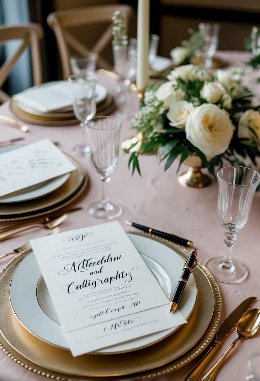 A table set with elegant wedding invitations and a calligraphy pen