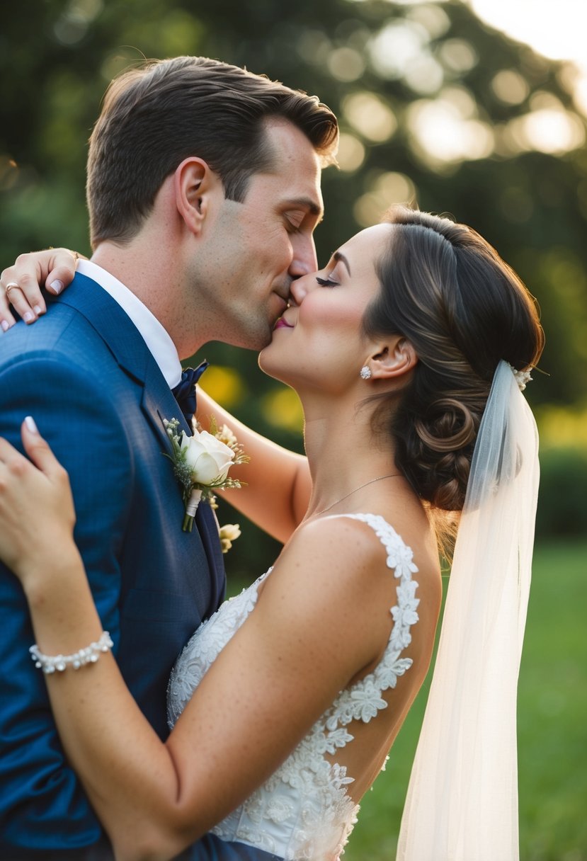 A couple's embrace, heads tilted, lips touching gently. Warmth and tenderness in their wedding kiss