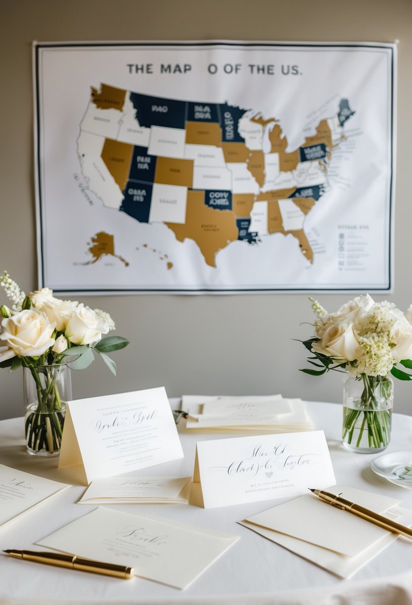 A table with elegant wedding invitations, envelopes, and a calligraphy pen. A map of the US with street names and states is pinned to the wall for reference