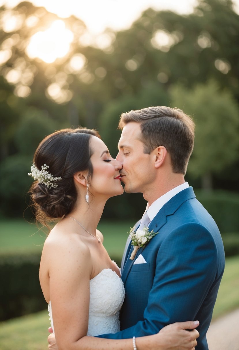 A couple in wedding attire shares a gentle, natural kiss in a serene outdoor setting