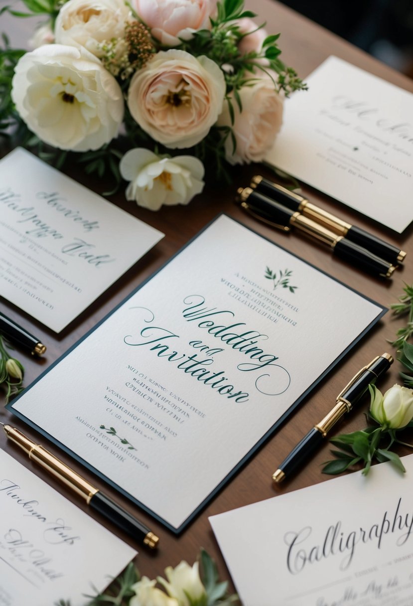 A table set with elegant wedding invitation samples, surrounded by fresh flowers and calligraphy pens