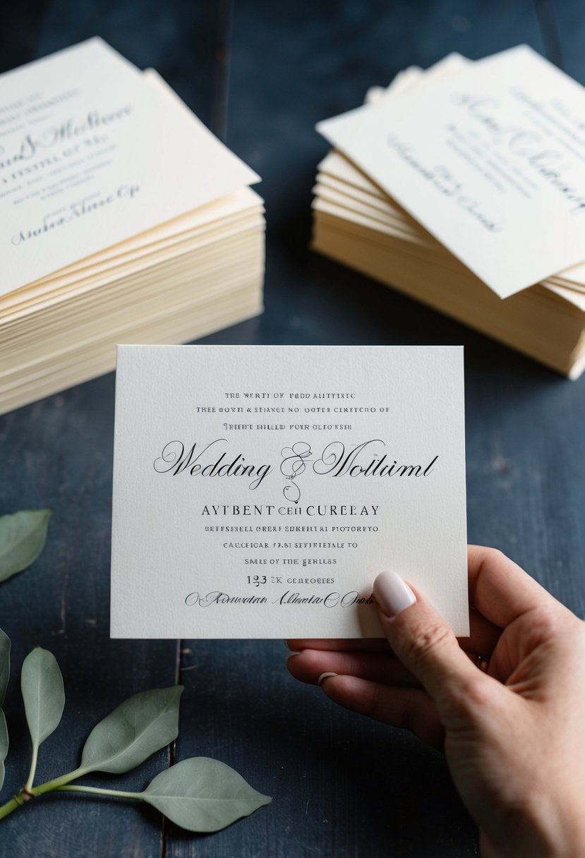 A hand holding a formal wedding invitation with a clear, legible address written in elegant calligraphy. A stack of similar invitations sits nearby