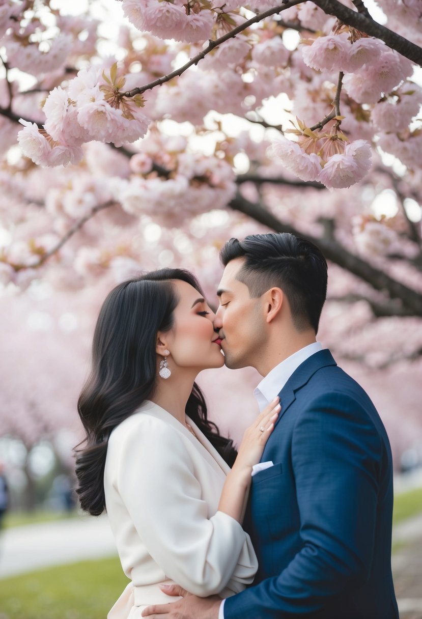 A couple sharing a tender kiss under a blooming cherry blossom tree, surrounded by soft pastel colors and delicate floral details