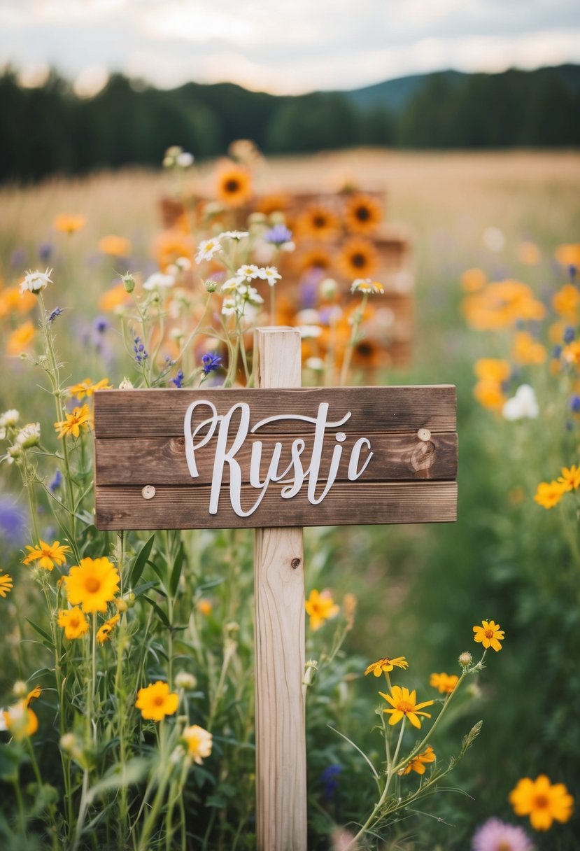 A rustic outdoor wedding with wildflowers and a wooden sign