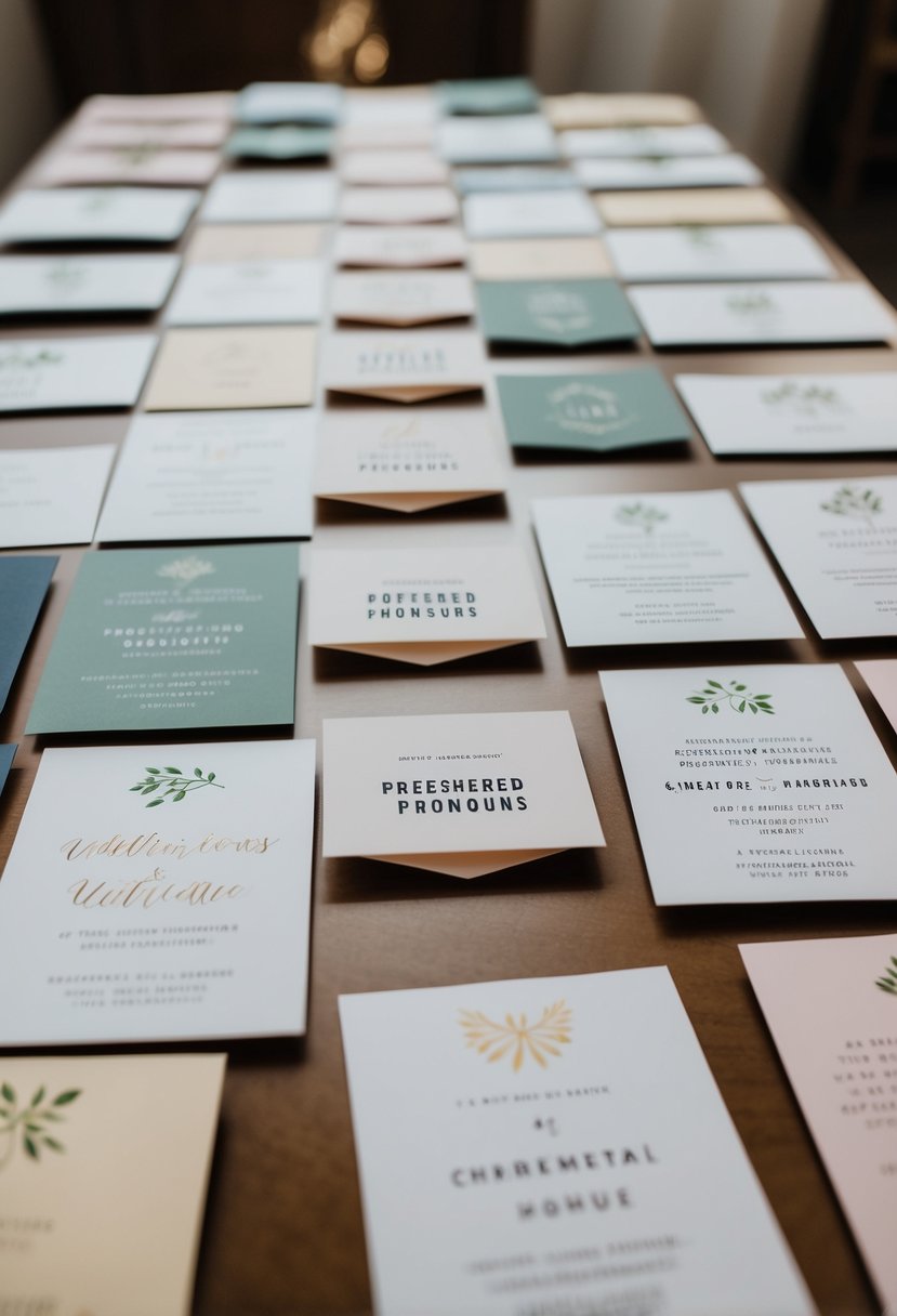 A table with various wedding invitations, each with a different set of preferred pronouns written on a separate card for addressing