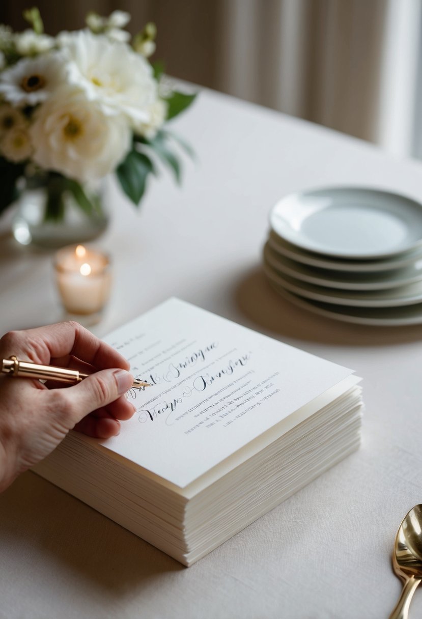 A hand holding a calligraphy pen, addressing a stack of elegant wedding invitations with care and precision