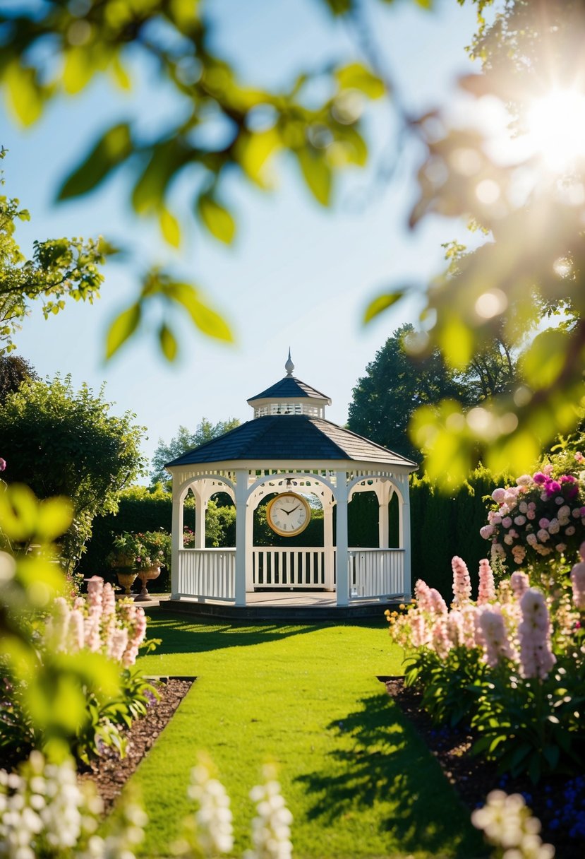 A sunlit garden with a gazebo, surrounded by blooming flowers, and a clock showing the ceremony time