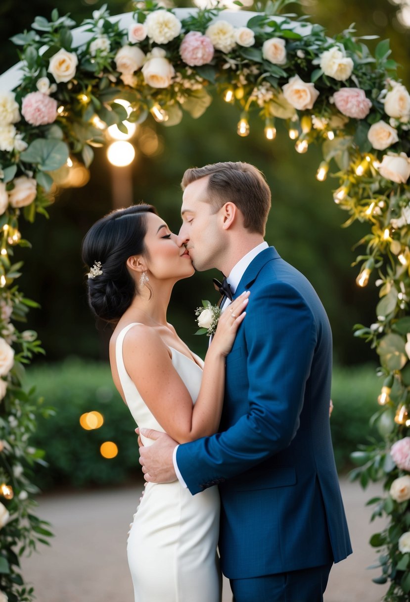 A couple in formal attire share a tender kiss under an arch of flowers and twinkling lights