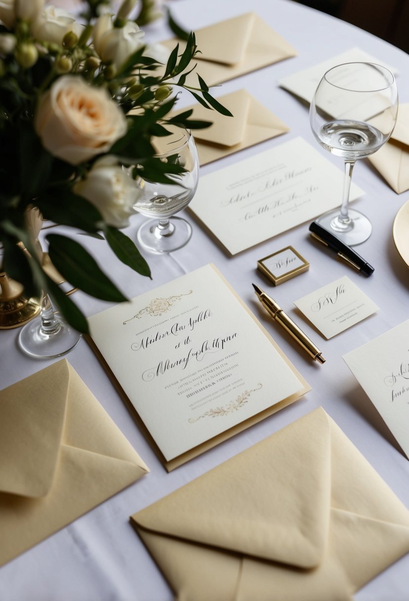 A table set with elegant wedding invitations, a variety of envelopes, and a calligraphy pen