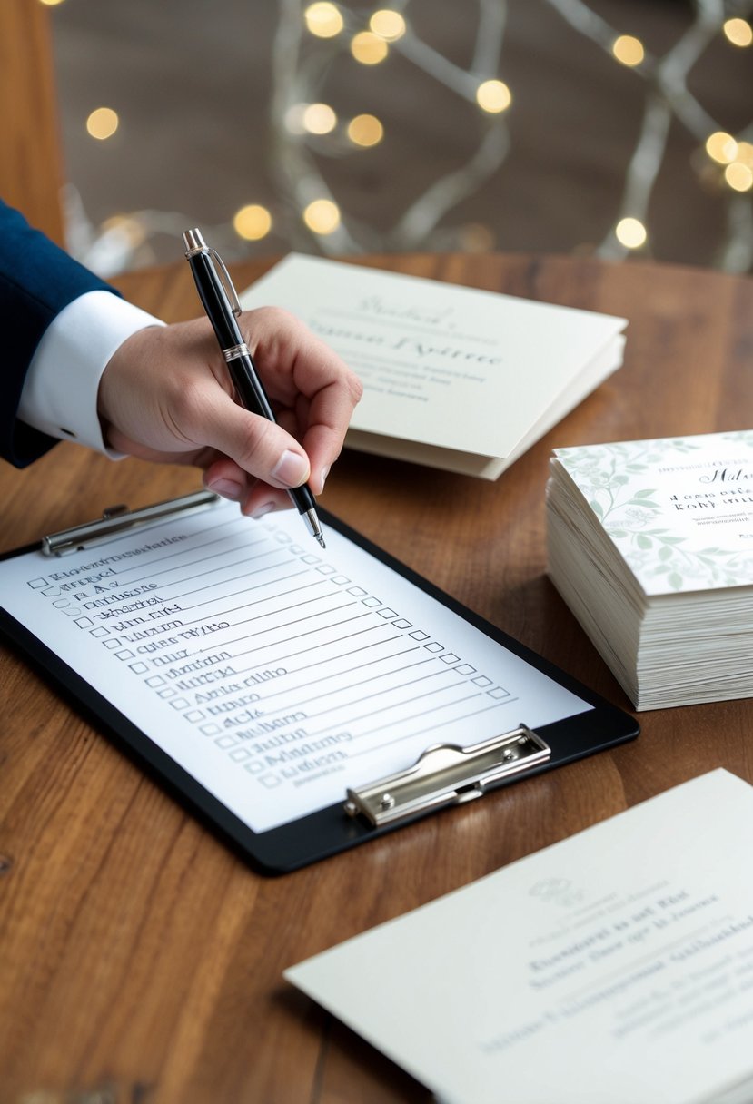 A hand holding a clipboard with a list of names, checking them off with a pen. A stack of elegant wedding invitations sits nearby