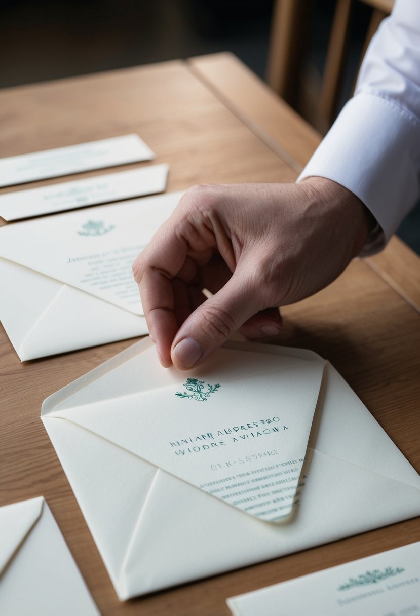 A hand addressing wedding invitation envelopes, with focus on the back flap and return address