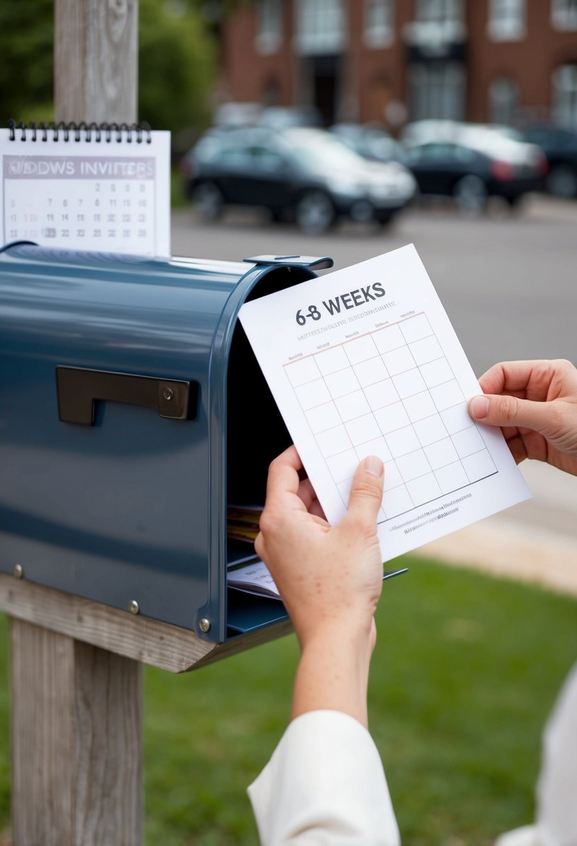 A hand placing wedding invitations into a mailbox with a calendar showing 6-8 weeks before the wedding