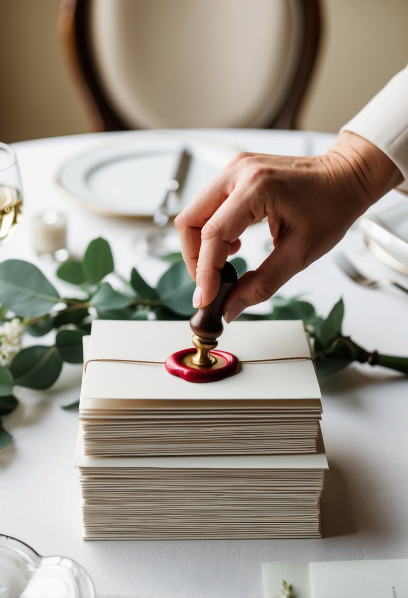 An elegant hand presses a wax seal onto a stack of wedding invitations