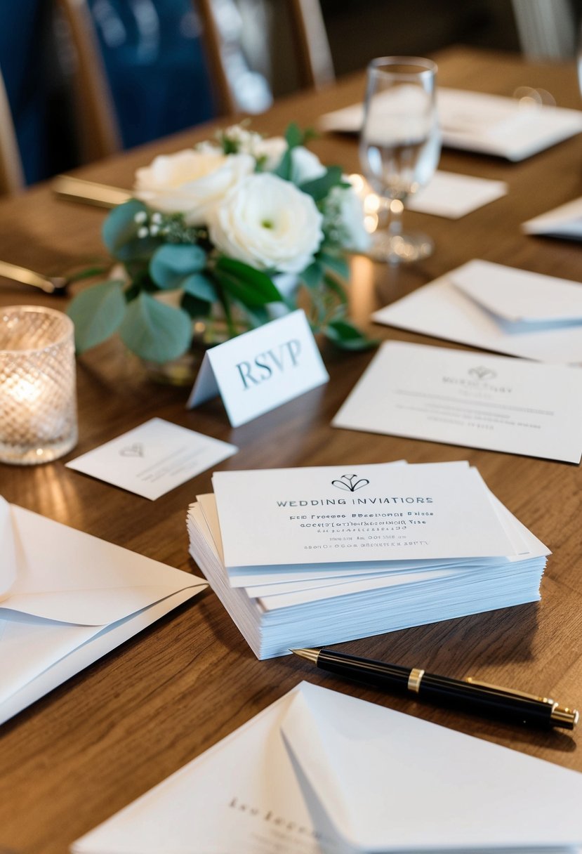 A table with wedding invitations and RSVP cards, a pen, and a stack of envelopes