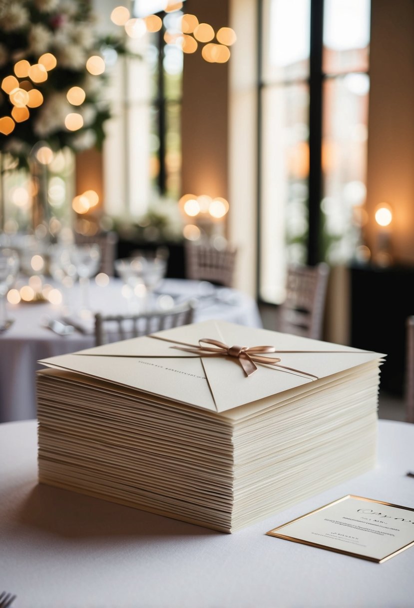 A stack of elegant wedding invitations with a formal dress code suggestion included