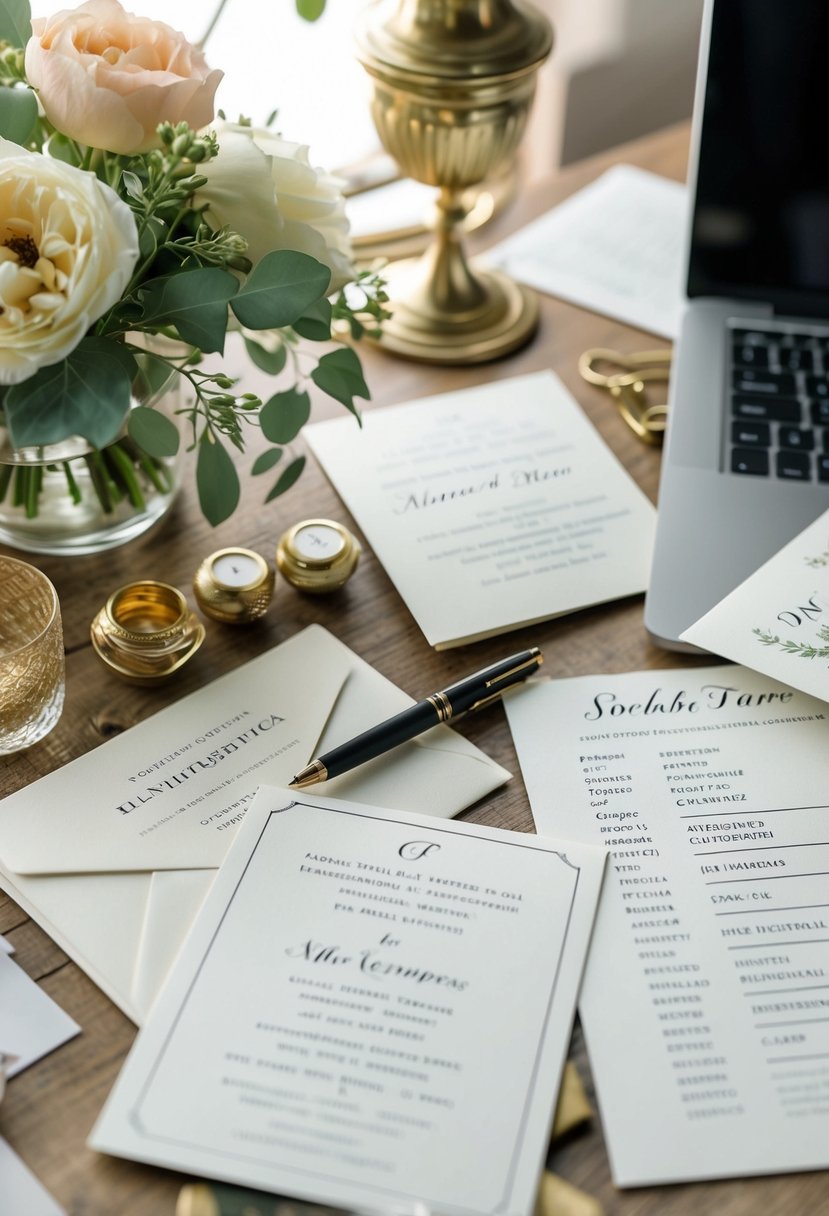 A cluttered desk with elegant wedding invitations, a list of names, and a pen ready for addressing