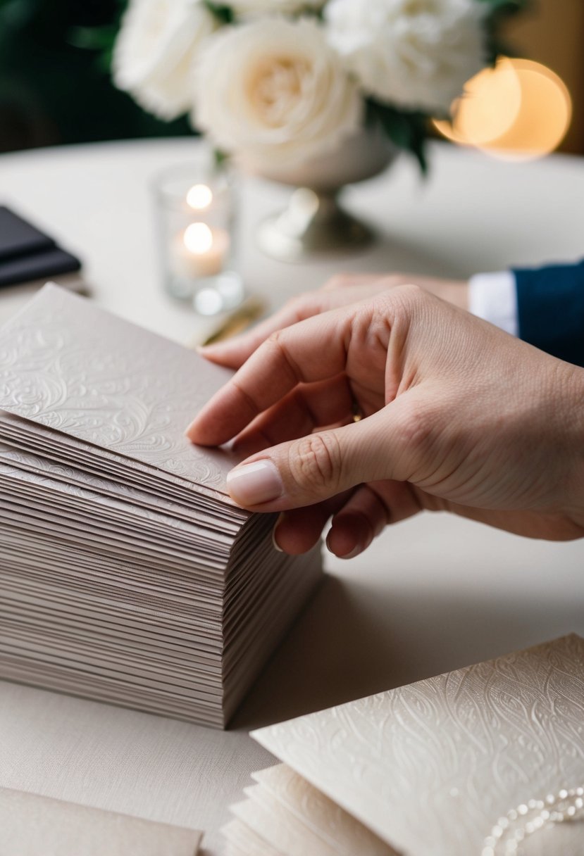 A hand selecting a luxurious, textured paper from a stack of elegant options for wedding invitations