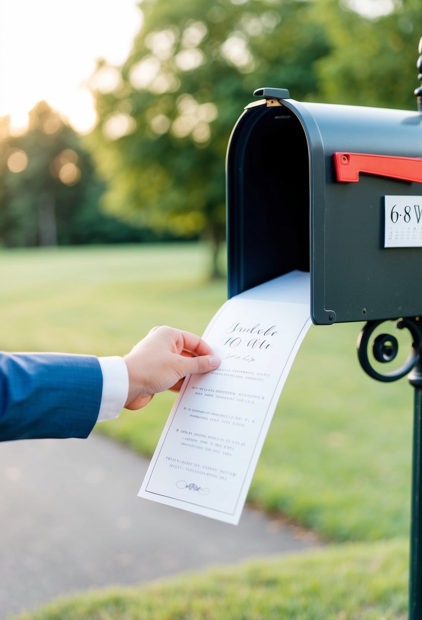 A hand placing wedding invitations into a mailbox with a calendar showing 6-8 weeks before the wedding