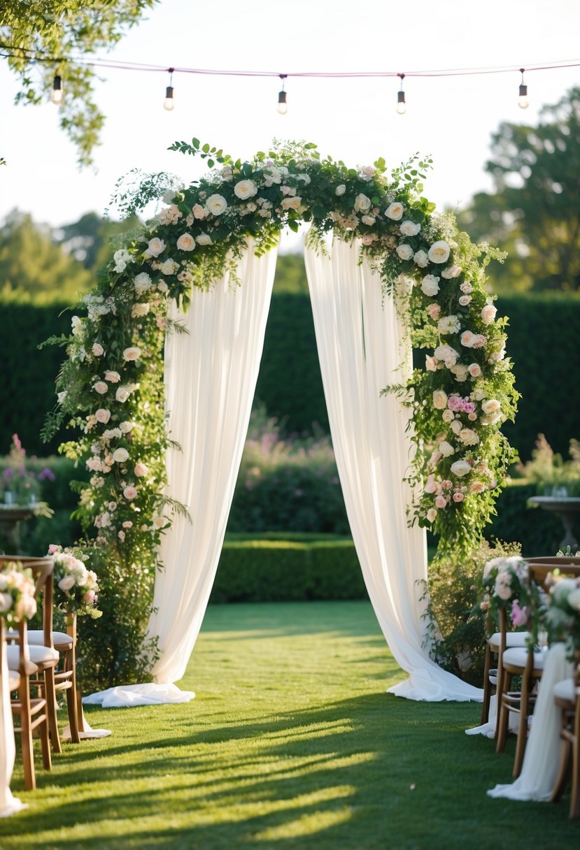 A garden wedding with floral arches, hanging lights, and draped fabric creating a romantic and elegant atmosphere