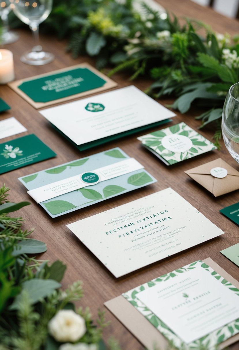 A table with wedding invitation samples made from recycled paper, plantable seed paper, and biodegradable materials, surrounded by greenery and eco-friendly decor