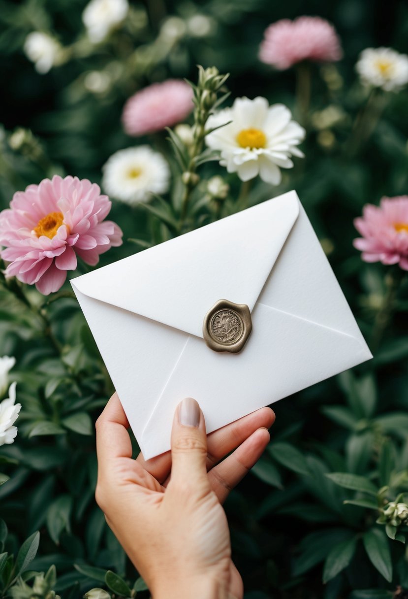 A hand holding a single envelope with a decorative seal, surrounded by flowers and greenery