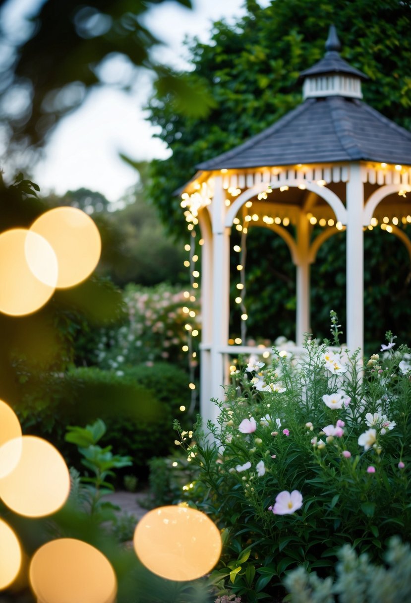 Fairy lights twinkle around a garden gazebo, casting a warm glow over the lush greenery and delicate flowers, creating a magical atmosphere for a wedding celebration