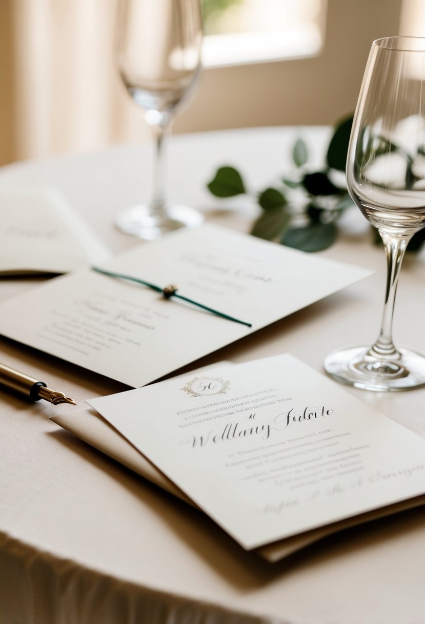 A table adorned with elegant wedding invitations and a calligraphy pen. A soft, natural light illuminates the scene, highlighting the intricate details of the paper and design