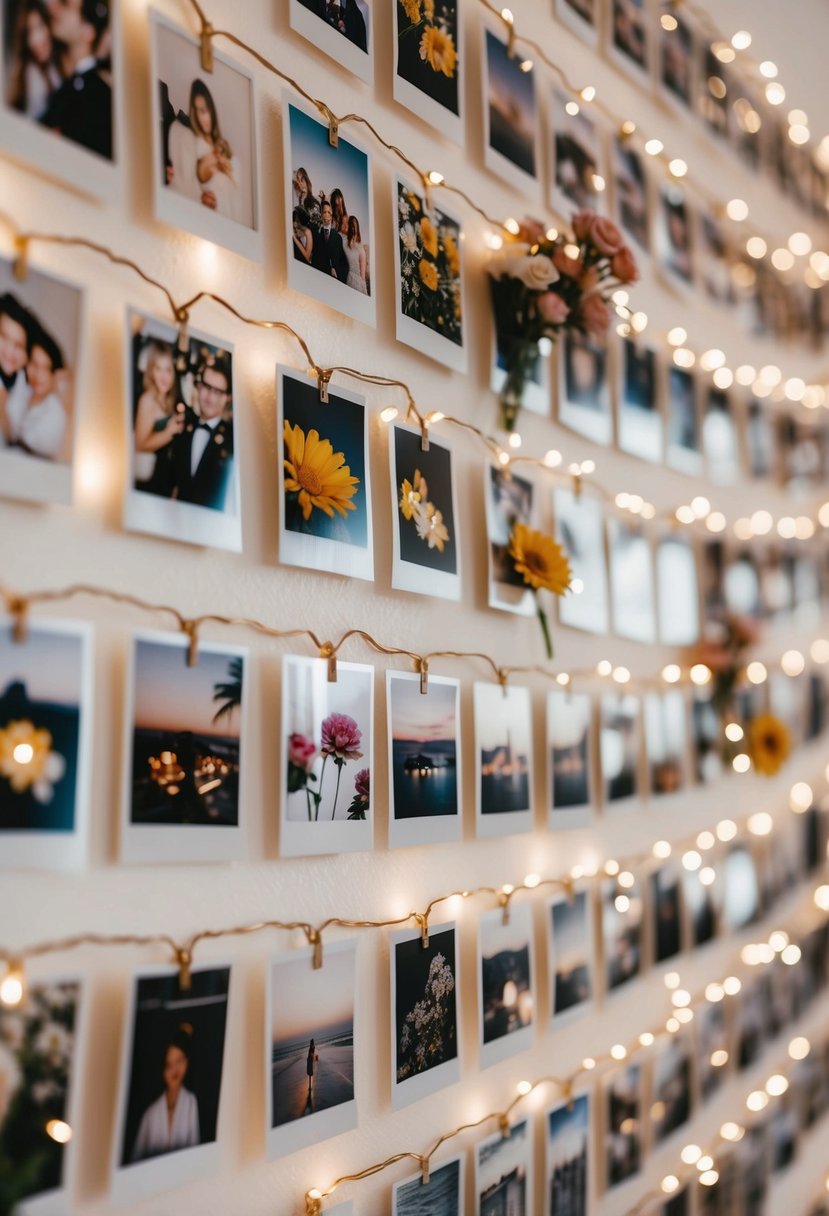 A photo wall adorned with Polaroids, flowers, and fairy lights