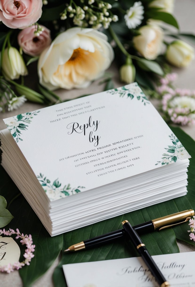 A stack of elegant wedding invitations with a "Reply by" date prominently displayed, surrounded by floral decorations and calligraphy pens