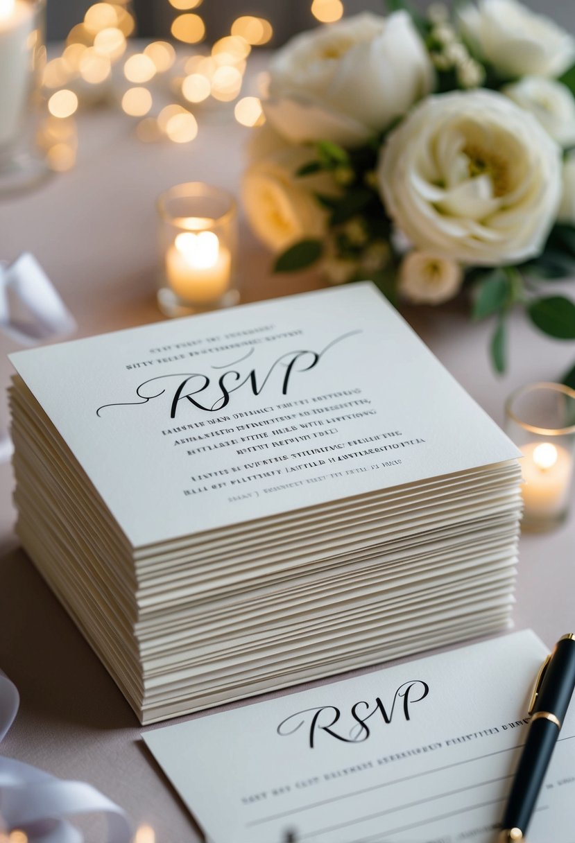 A stack of elegant wedding invitations with clear RSVP details and a calligraphy pen and tips for addressing