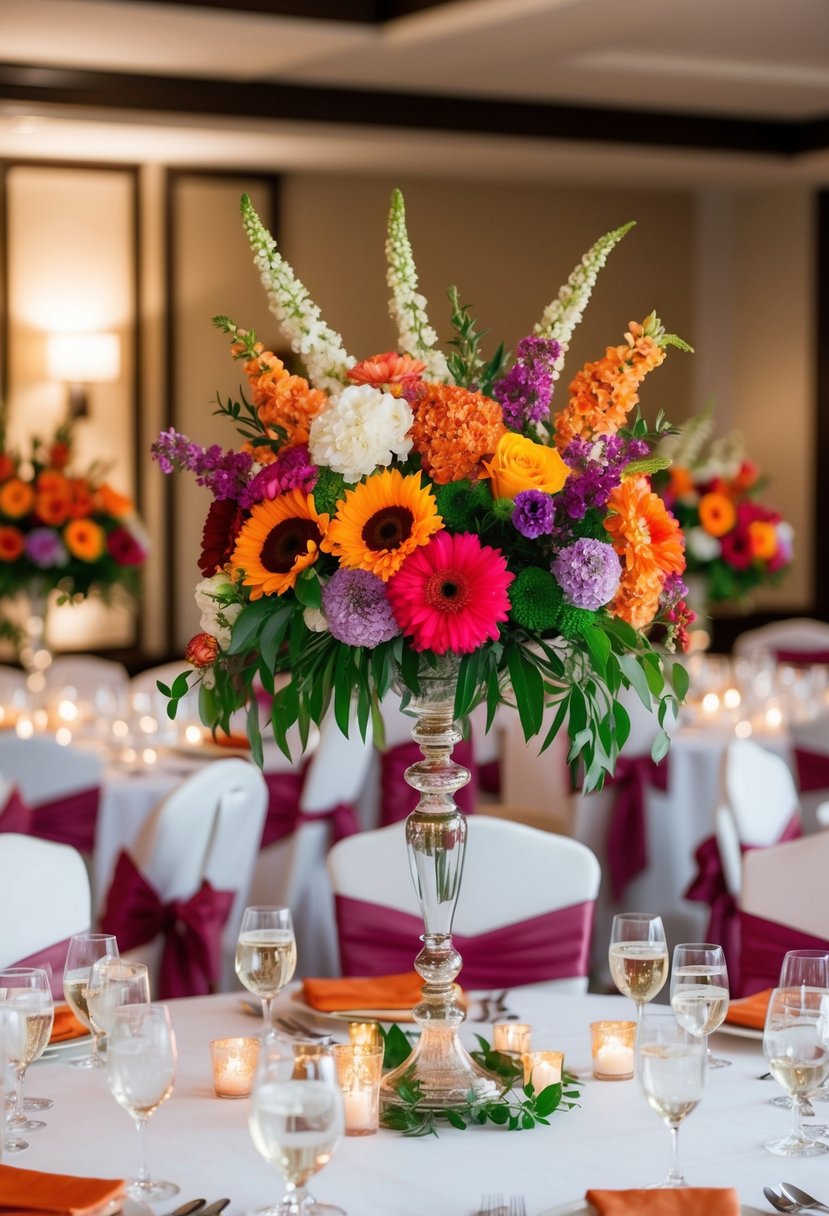 Vibrant seasonal flowers arranged in elegant centerpieces for a wedding reception