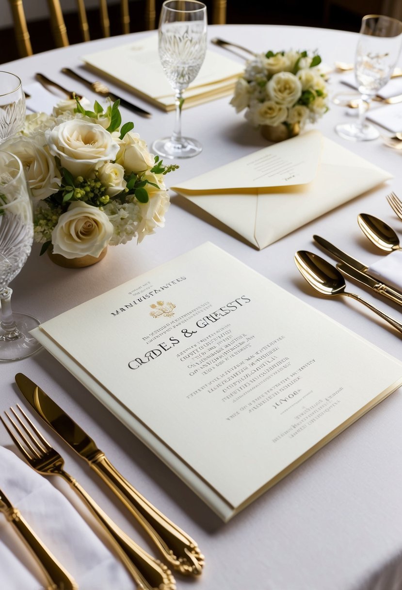 A table set with elegant wedding invitations and envelopes, accompanied by a guidebook on proper titles for addressing guests