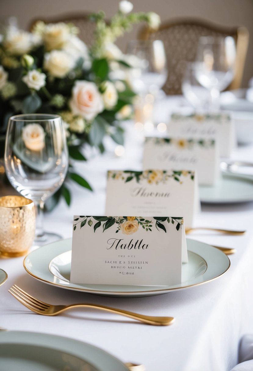 A table set with elegant place cards, each personalized for the wedding guests, arranged in a beautiful and cohesive design