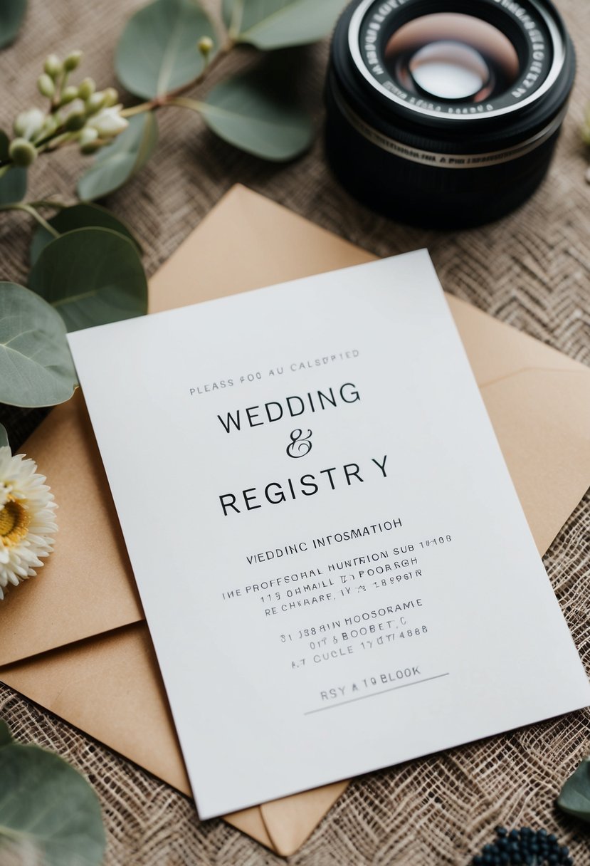 A wedding invitation with a blank space for registry information