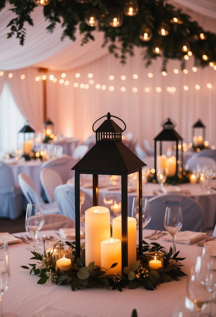 Elegant candle lanterns adorn a wedding reception, casting a warm glow over the tables and adding a touch of romance to the decor