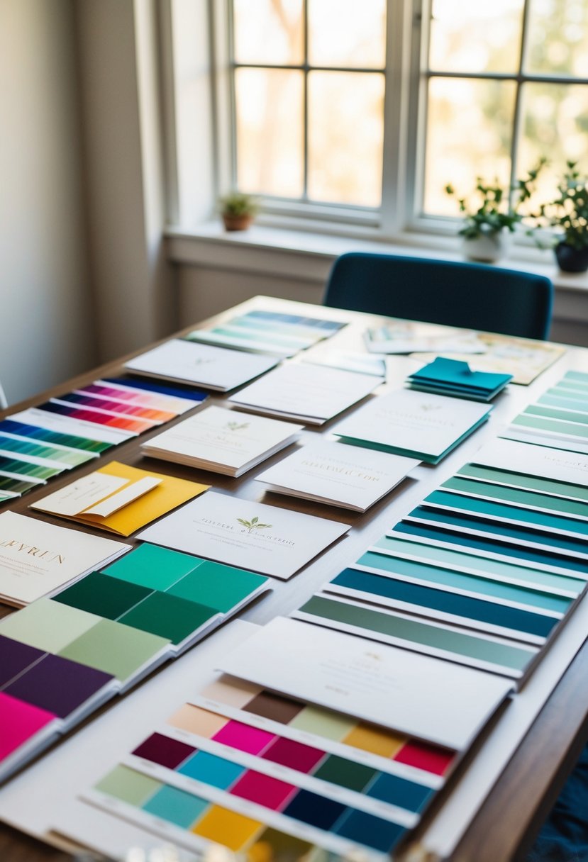 A table with various color swatches and wedding invitation samples arranged in a neat and organized manner, with natural light streaming in from a nearby window