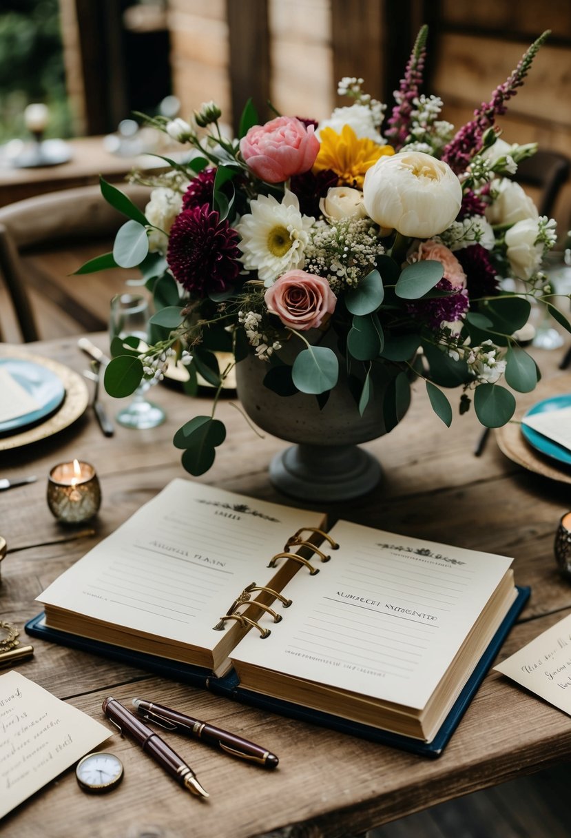 A rustic wooden table adorned with floral arrangements and a vintage guestbook, surrounded by antique pens and personalized notes