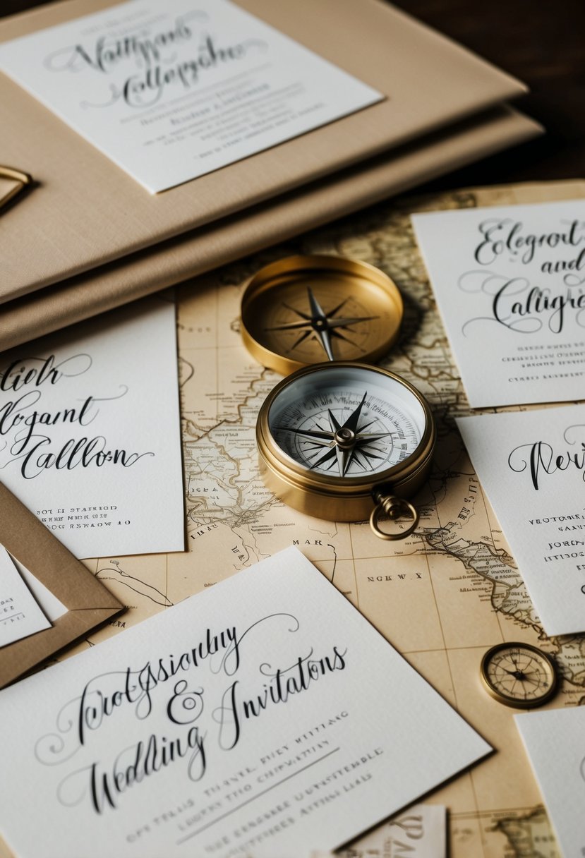 A vintage-style map with a compass and elegant calligraphy wedding invitations scattered around