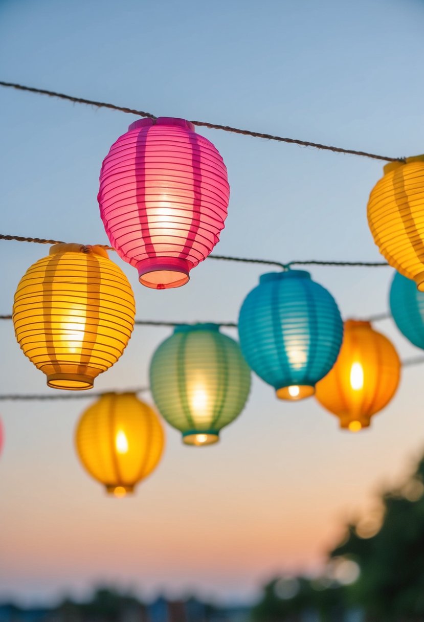 Colorful paper lanterns hang from a string, swaying gently in the breeze, creating a festive and romantic atmosphere for a wedding celebration