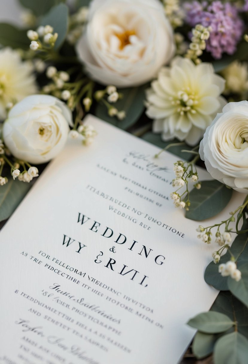 A close-up of a wedding invitation with elegant, legible font, surrounded by delicate floral decorations