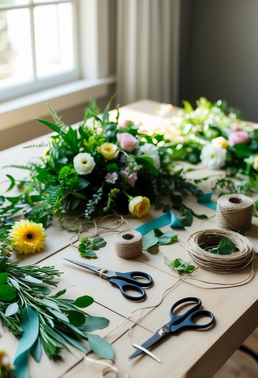 A table scattered with fresh flowers, greenery, and ribbons. Scissors, wire, and twine are ready for crafting. Sunlight streams in through a nearby window