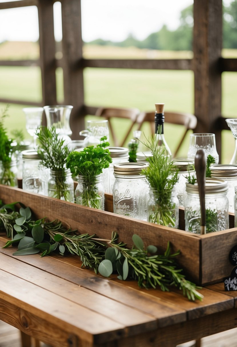 A rustic wooden table adorned with mason jars, fresh herbs, and vintage glassware, set up as a DIY cocktail bar for a wedding celebration