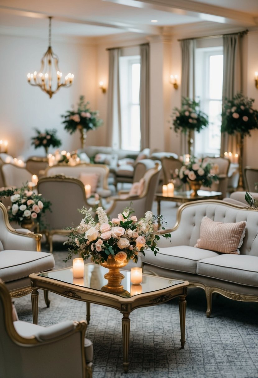 An intimate lounge area with vintage furniture, adorned with delicate floral arrangements and soft candlelight